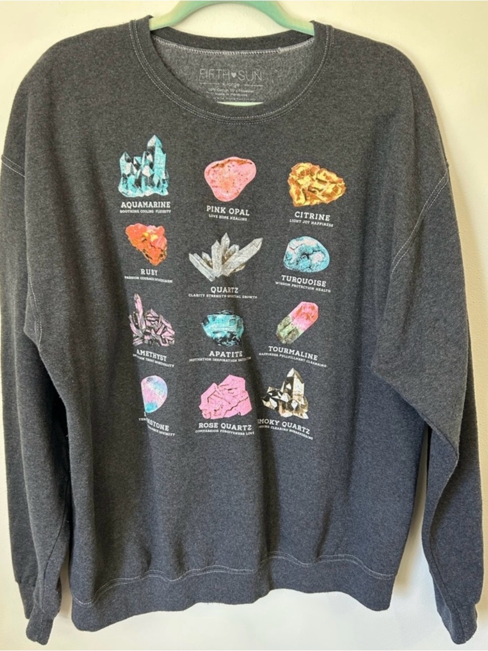 Fifth Sun Women's Charcoal Gemstone Rocks Crystals Graphic Sweatshirt